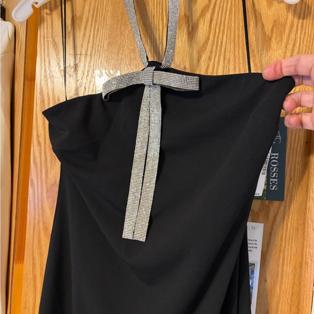 Badgley Mischka Black Strapless Midi Dress with Silver Halter Tie - Picture 5 of 11